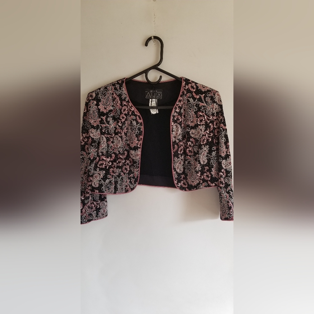 Women's Alex Evenings cropped bolero jacket Sz10P black mauve and sparkles - Picture 3 of 11